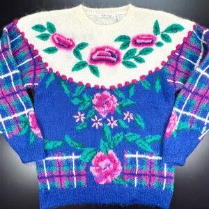 Vintage Robin Sinkler M Sweater Mohair Open Knit Floral Grannycore Cottage Core